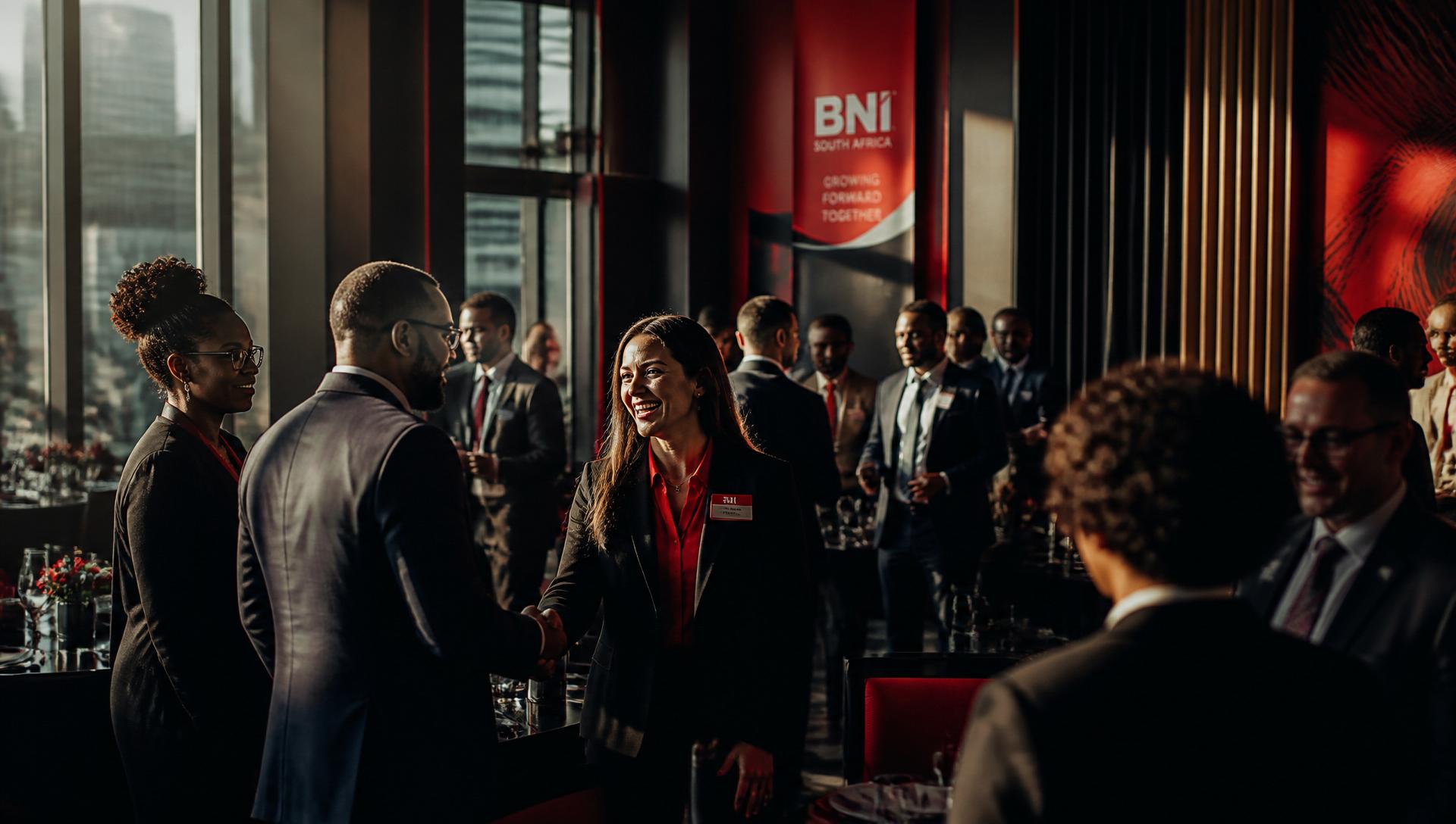 A BNI Superabundant chapter meeting in Pretoria — members networking before the meeting starts